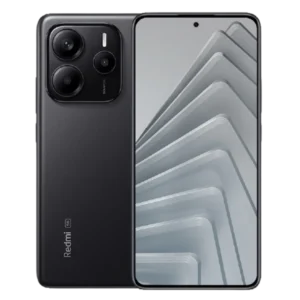 Redmi Note 14 5G smartphone front and back view in Midnight Black, showing 6.67-inch AMOLED 120Hz display and triple rear camera setup (108MP + 8MP + 2MP)