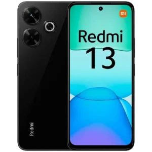 Redmi 13 smartphone front and back in black showing 6.79-inch FHD+ DotDisplay and 108MP dual camera module
