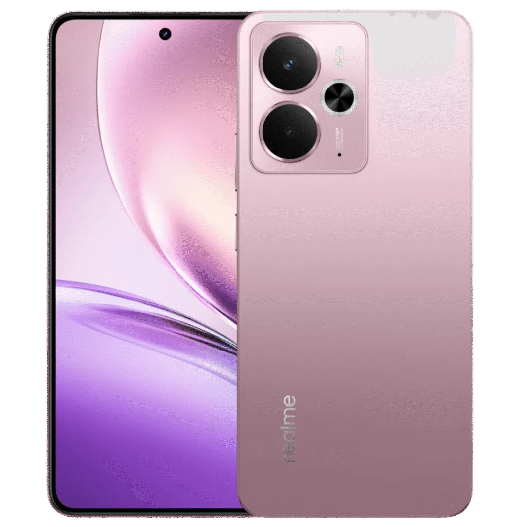 Realme 14 smartphone front and back view in Mecha Silver